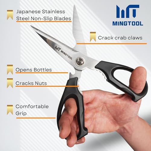 PROFESSIONAL KITCHEN SHEARS, Heavy Duty Food & Poultry Meat Scissors, MINGTOOL Serrated Blade with Premium Japanese Steel Material, Expert Grade Cutter for Bone, Crab Legs, Lobster, & Herbs.