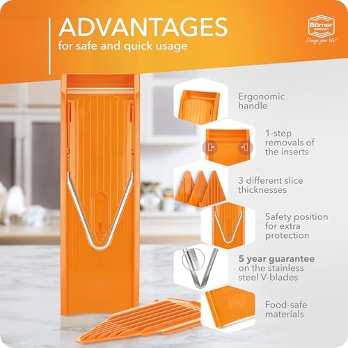 Borner Mandoline Food Slicer V1 (Basic Set) by Reston Lloyd • V-Slicer with Food Holder • Made in Germany • Fruit & Vegetable Chopper • Multiple Settings • Color: Orange