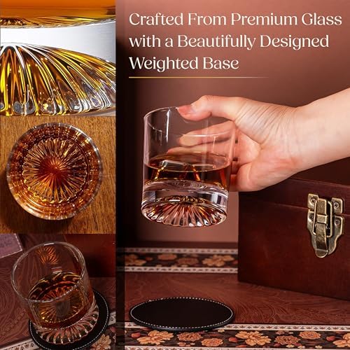 Whiskey Gift Set, Glass, Leather Coaster, Stainless Steel Stones, Box