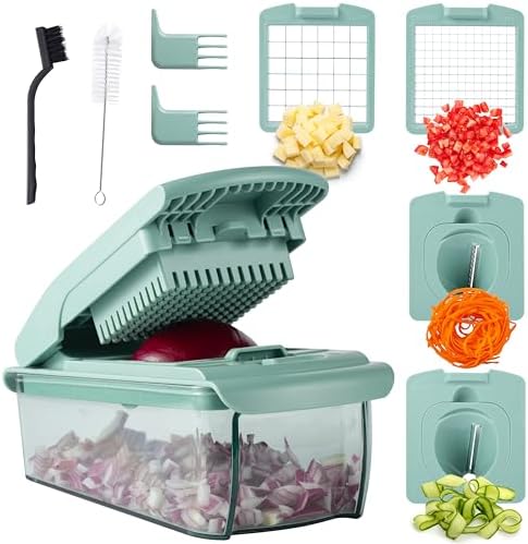 ook with Color Vegetable Chopper - Multifunctional 11 in 1 Vegetable Chopper with Container - Food Chopper to Dice, Chop, Slice, Julienne and Spiralize, Sage