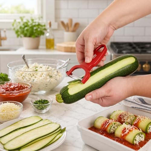 CatCora Swiss-Style Peeler, Professional German Tempered Stainless Steel Blade For Peeling Fruits and Vegetables and Garnishing, Ergonomic Contoured Handle, Red
