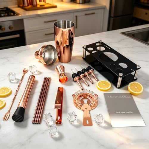 14-Piece Cocktail Shaker Set with Stand, Bartender Kit, 25oz Shakers, Bar Set Cocktail Shaker Set, Jigger for Bartending Kit, Drink Mixer Set, Cocktail Set Recipes Booklet Home, Bar, Party (Rose Gold)