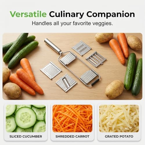 4-in-1 Vegetable Slicer, Handheld Mandoline Cutter with Stainless Steel Guard, Adjustable Thickness Onion Slicer, Sharp Veggie Shredder for Kitchen Fruit Cutting, Silver
