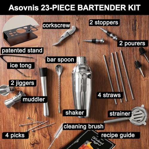 23-Piece Cocktail Shaker Set with Stand, 304 SS, Bartender Kit Gift