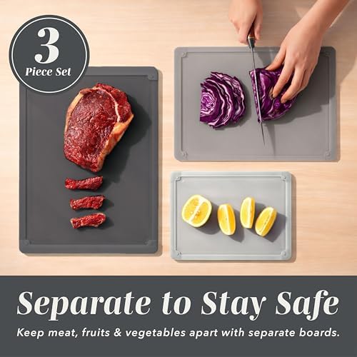 COOK WITH COLOR Extra Large Cutting Board Set, Jumbo-Sized Boards with Rubber Border for Enhanced Cooking Experience, 3-Piece, Grey