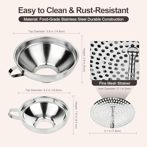 Canning Funnel with Strainer, Wide Mouth Funnels for Filling Wide and Regular Mason Jars Three-Piece Set, Food Grade Stainless Steel Canning Supplies for Kitchen Use (Silvery)