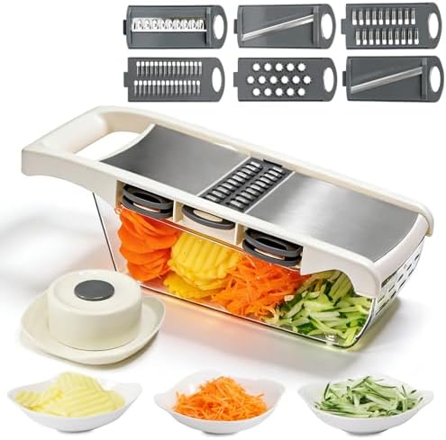6-in-1 Mandoline Slicer for Kitchen, Multi Blade Veggie Cutter with Drainage Tray, Stainless Steel Blades, BPA-Free, Non-Slip Base & Easy Clean for Meal Prep (stainless steel)