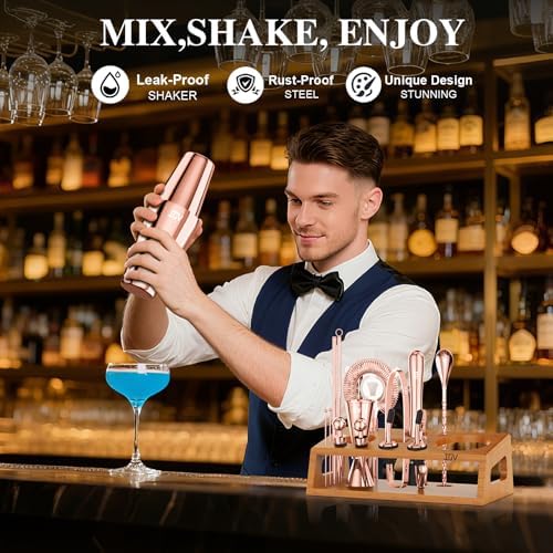 IOV Mixology Bartender Kit Bar Set with Stand | 17-Piece Cocktail Shaker Set | 28oz Boston Shaker Drink Mixer Set with All Essential Accessory Tools | Fun Housewarming Gift (Rose Gold)