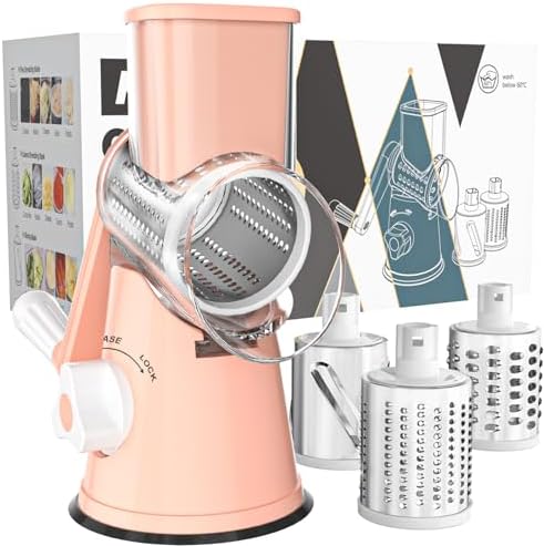 Cambom Rotary Cheese Grater Hand Crank Cheese Shredder for Fresh Cheese, Vegetable, Nuts,Non-slip Suction Base，Three Blades,Pink