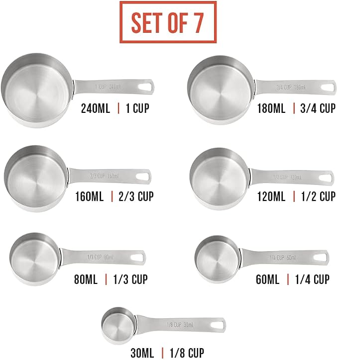 Chef Pomodoro Stainless Steel Measuring Cups, Stackable 7 Pcs Long Handle | Metal Measuring Cups Stainless Steel, Lasered Markings Stainless Measuring Cups Long Handle, Nesting Set with Sorting Ring