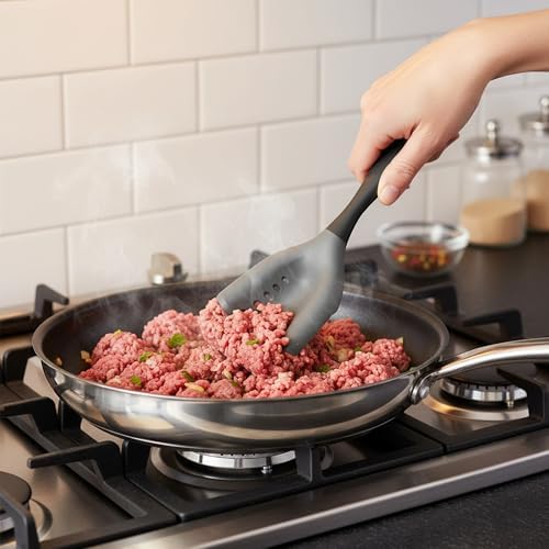 2-in-1 Mincing Spatula Meat Chopper & Potato Masher, Premium Heat Resistant Ground Beef Smasher Hamburger Grinder with Perforated Design, Silicone Non-Stick for Cooking - Black