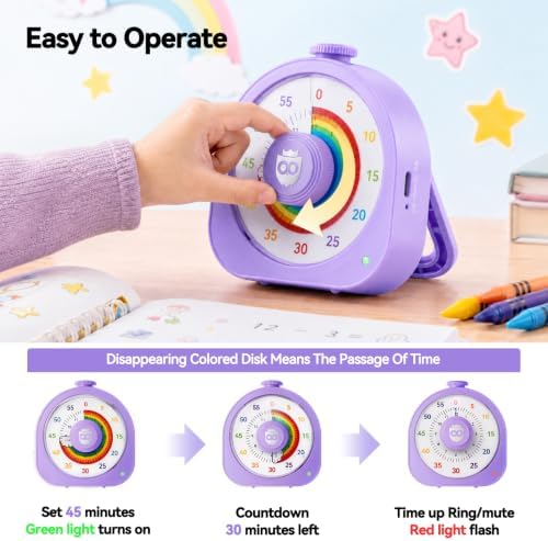 Visual Timer for Kids, Rechargeable Rainbow 60-Min/12-Hour Switchable Countdown Timer, Magnetic Timer with Pomodoro Mode, ADHD Time Management Tool for Classroom,Home with Silent Operation, Purple