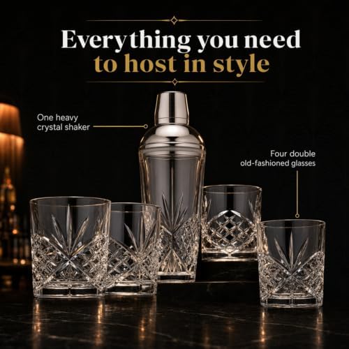 Godinger Martini Shaker Cocktail Shaker with 4 Old Fashioned Whiskey Glasses Barware Set, Dublin Dollection