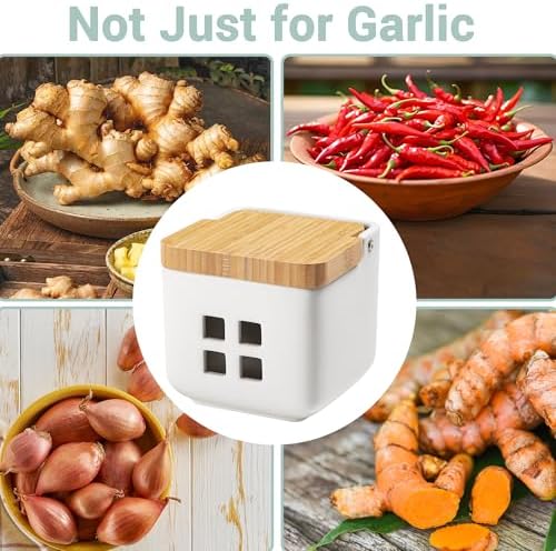 RQYIXI Ceramic Garlic Keeper with Bamboo Lid, Ventilated,White