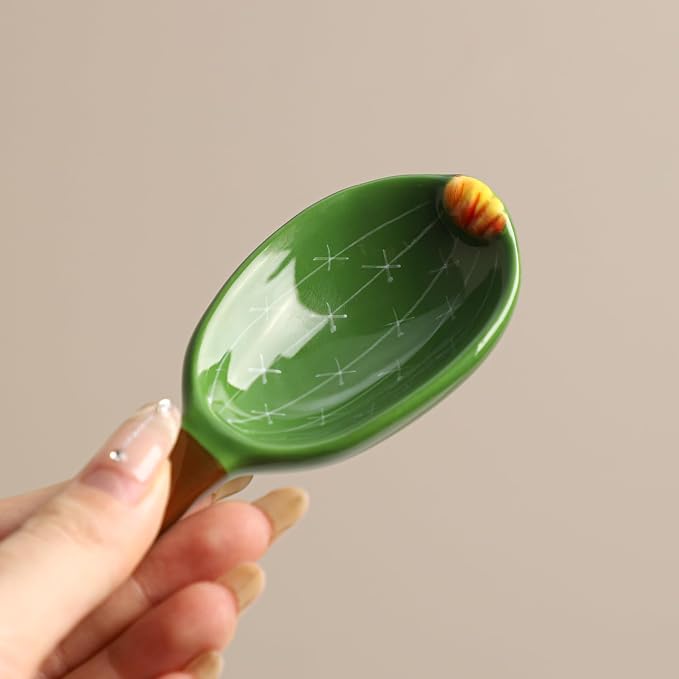 Sizikato 4pcs Porcelain Measuring Spoons with Base, Cute Cactus Shape