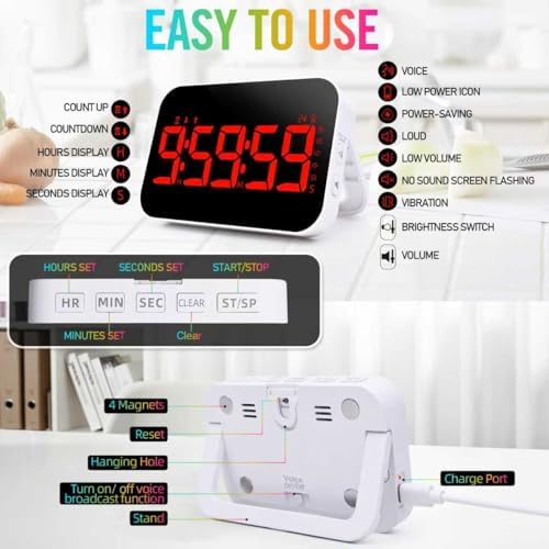 Kitchen Timer for Cooking, Rechargeable Digital Magnetic Timer with Large LED Display, Loud Alarm, Sound Countdown, 4 Volume Levels and 3 Brightness for Classroom, Study (red)