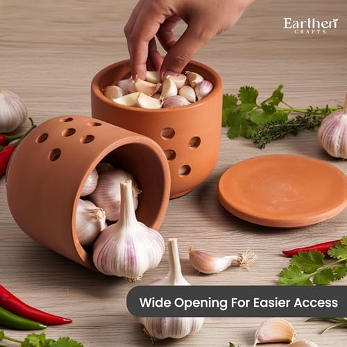 EARTHEN CRAFTS Terracotta Garlic Keeper with Lid 4.5" Handmade Clay Storage Jar with Vent Holes for Kitchen Countertop, Breathable Rustic Garlic Crock for Fresh Cloves