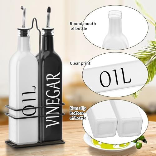 Farmhouse Oil and Vinegar Dispenser Set, 17 oz, beautiful (White Black) olive oil dispenser, includes a black steel rack and a funnel, vintage cruets for vinegar and oil
