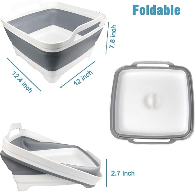 ddLUCK Dish Basin Collapsible with Drain Plug Carry Handles for 9L Large Capacity, Washing Basin, Collapsible Dish Tub for RV Sink, Vegetable, Fruit, Food Sink Strainer Dish Washing Tub - Gray