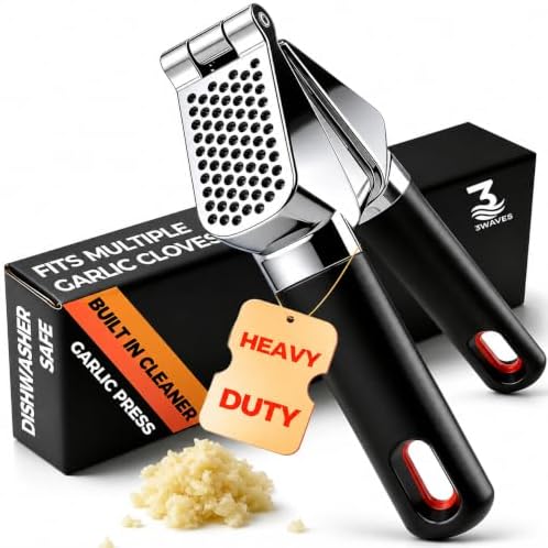 3WAVES Heavy Duty Garlic Press | Built-In Peel Cleaner | Large Chamber fits Multiple Cloves | Easy Squeeze Ergonomic handle | Food-Grade & Independently Tested | Rust Proof Die Cast Zinc Alloy
