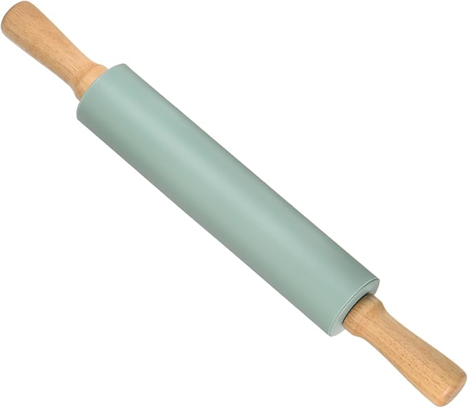 Silicone Rolling Pins, 17" Length, Silicone & Oak Non-Stick Ergonomic Wooden Handle Fondant Dough Roller Dark Green - (Applications: for Baking DIY Projects)