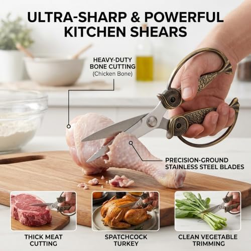 XSNBRD Heavy Duty Kitchen Scissors, Bronzed Stainless Steel Owl Shears.