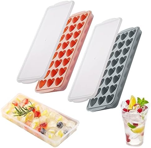2 Pack Heart-Shaped Ice Cube Trays with lid and bin - 48 Holes Silicone Mini Heart Ice Cube Tray, BPA Free and Dishwasher Safe, Fun Shape Ice Cube Mold, Easy to Remove