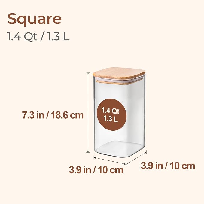 ComSaf Glass Storage Containers wtih Lids 1.4 Qt, Set of 3 Galss Jars | Glass Pantry Storage Containers, Square Kitchen Canisters, Lid with Silicone Seal, Cookie, Cereal, Coffee, 44oz, BPA Free