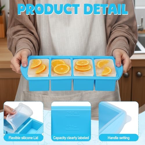 4 Pack Silicone Freezer Trays with Lid, 1/5, 1/2, 1, and 2 Cup Soup Freezer Molds Set Stainless Steel Frame Ice Cube Tray for Meal Prep Freezing Soup Stews Sauces Oven Microwave Safe(Blue)