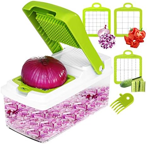 TeqHome Vegetable Chopper, Quick Potato Tomato Fruit Cutter Onion Slicer Set w/3 Blades Stainless Steel Food Chopper