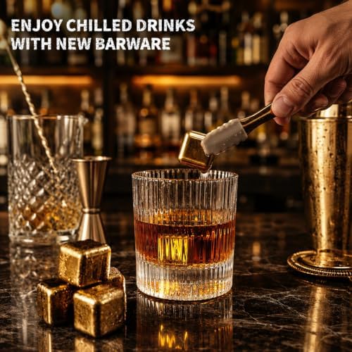 Whiskey Glass Gift Set for Men, 2 Ribbed Old Fashioned Glasses with 6 Gold-Tone Stainless Steel Whiskey Stones, Tongs, Pouch and Wooden Gift Box, Bourbon Scotch Gifts for Dad Husband