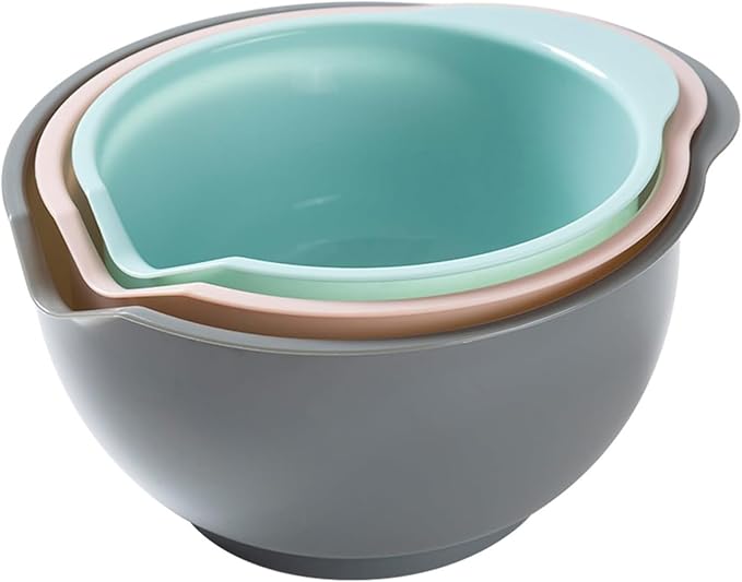 Nesting Plastic Mixing Bowls, Set Of 3, 1.5 quart, 2 quart, 2.5quart, Nesting Bowls with Non Slip Base and Easy Pour Spout, Dishwasher Safe (Green Pink Grey)
