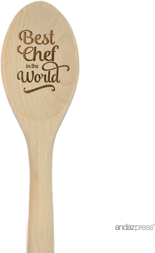 Andaz Press Laser Engraved Wooden Mixing Spoon, 12-inch, Best Chef in the World, 1-Pack