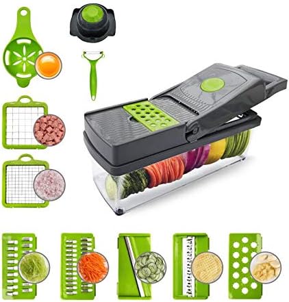 Food Chopper Vegetable-Fruit-Cheese-Onion Chopper Slicer Dicer Tomato Cutter Grater 12 in 1 Veggie Chopper Spiralizer Salad Potato Slicer with Container Multi-function Kitchen Aid Carrot Cutter (Gray)