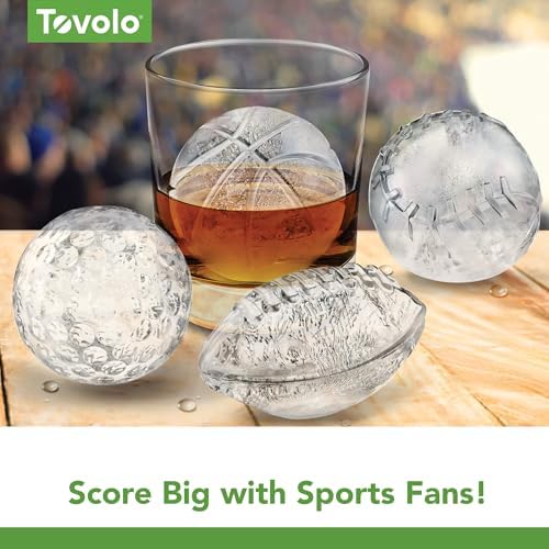 Tovolo Sports Ice Mold Bundle Set of 4 Golf Ball Football Baseball Basketball Shapes Large Craft Ice Cubes for Whiskey Cocktails with Silicone Lids, Easy Fill Craft Ice Mold for Sports Fans