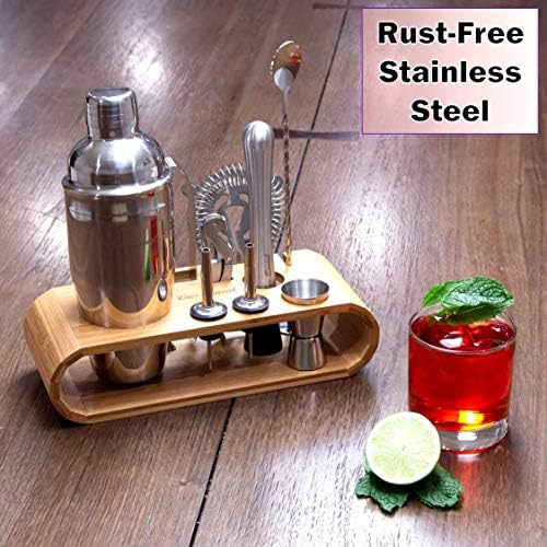 Professional Bartender Cocktail Kit - Bartender Accessories Tools for Drinks - Set of 10 Bar Mixer Set - Complete Cocktail Mixing Set with Natural Bamboo Stand - Drink Making Kit