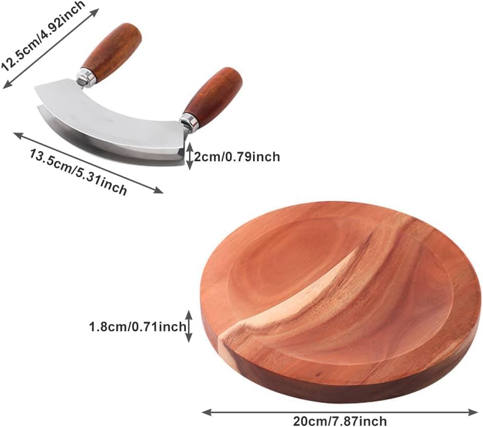 Salad Chopper With Round Wood Cutting Board - Mezzaluna Knife with Protective Cover and Anti-Slip Handle Stainless Steel Chopper Vegetable Cutter Onion Chopper Mincing Knife Pizza Cutter