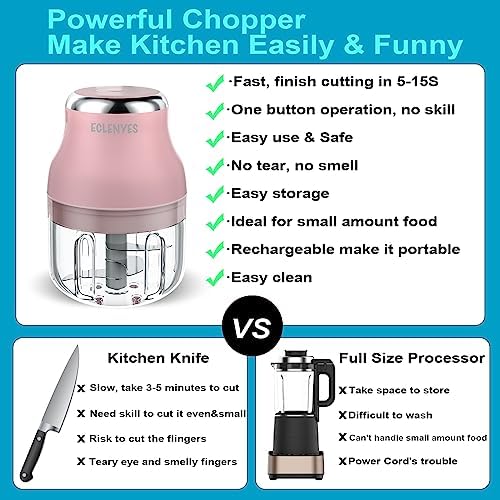 Vegetable Chopper, Electric Garlic Chopper, 250ML USB Rechargeable Mini Blender, Powerful Small Food Processor, Blender to Vegetable, Wireless Food Cutter for Ginger, Chili, Fruit, Meat, etc（Pink）