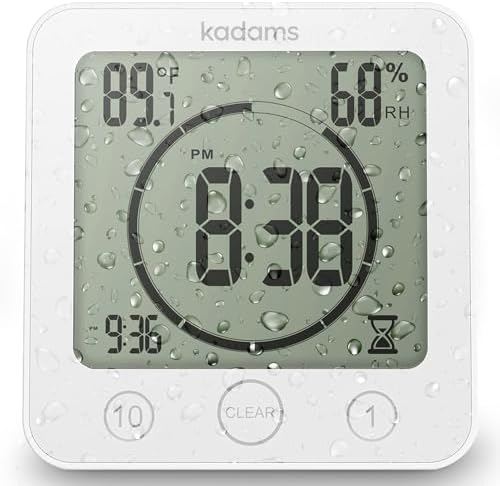 KADAMS Shower Clock Waterproof Bathroom Timer – Digital Wall Clock with Countdown, Magnetic Kitchen Clock with Temperature & Humidity, Suction Cup for Kids Shower Spa Sauna Cook Bath, White
