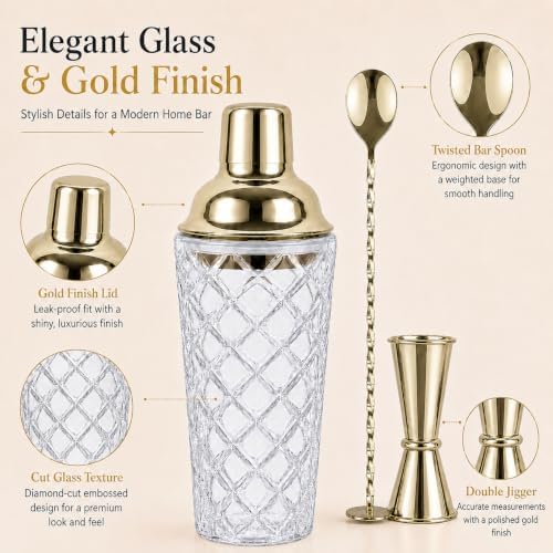 16 Oz Glass Cocktail Shaker Set with Built-in Strainer Crystal Cocktail Shaker with Gold Stainless Steel Lid, Bar Spoon Double Jigger, Drink Shaker for Martini, Margarita Mixed Drinks Home Bar Barware