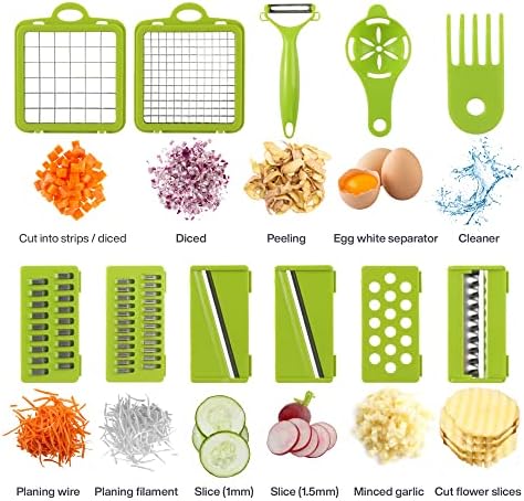 Vegetable Chopper 15-1 with Container - 8 Blades Dicer Chopper Cutter & Slicer - Draining Basket, Peeler, Egg separator, and Many More - Vegetable Chopper for Onions, Potatoes, Tomatoes