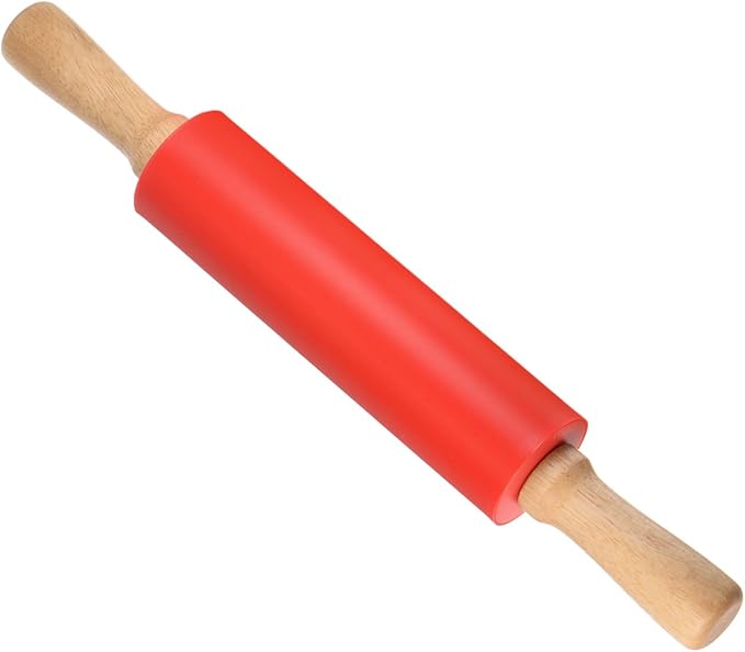 Silicone Rolling Pins, 15" Length, Silicone & Oak Non-Stick Ergonomic Wooden Handle Fondant Dough Roller Red - (Applications: for Baking DIY Projects)