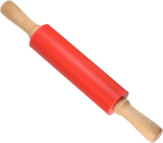 Silicone Rolling Pins, 15" Length, Silicone & Oak Non-Stick Ergonomic Wooden Handle Fondant Dough Roller Red - (Applications: for Baking DIY Projects)
