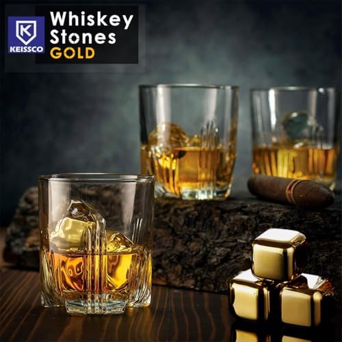 KEISSCO Stainless Steel Chilling Cubes Reusable Ice Cube Whiskey Stones for Drinks Beverage Jumbo Chilling Stones Set with Ice Tongs and Freezer Storage Tray for Whiskey, Gold Color Edition (8 Pack)