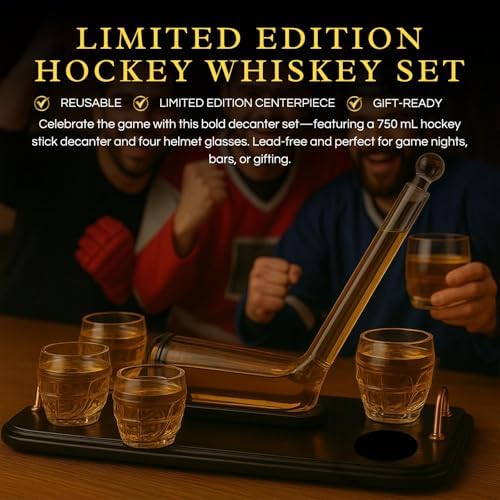 Ice Hockey Whiskey Decanter Set with 4 Unique Helmet Glasses, 750ml Decanter and 8oz Glasses – Perfect for Hockey Fans Gift, Whiskey Lovers, Sports Enthusiasts, Birth, or Holidays by The Wine Savant