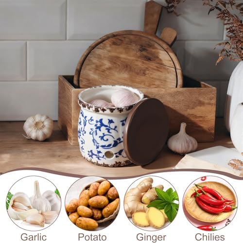 Honeydak Blue and White Porcelain Garlic Keeper with Lid 4.2" x 4" Ceramic Garlic Container for Counter Storage Countertop Holder Breathable Design for Chili Ginger Modern Farmhouse Home Kitchen Decor