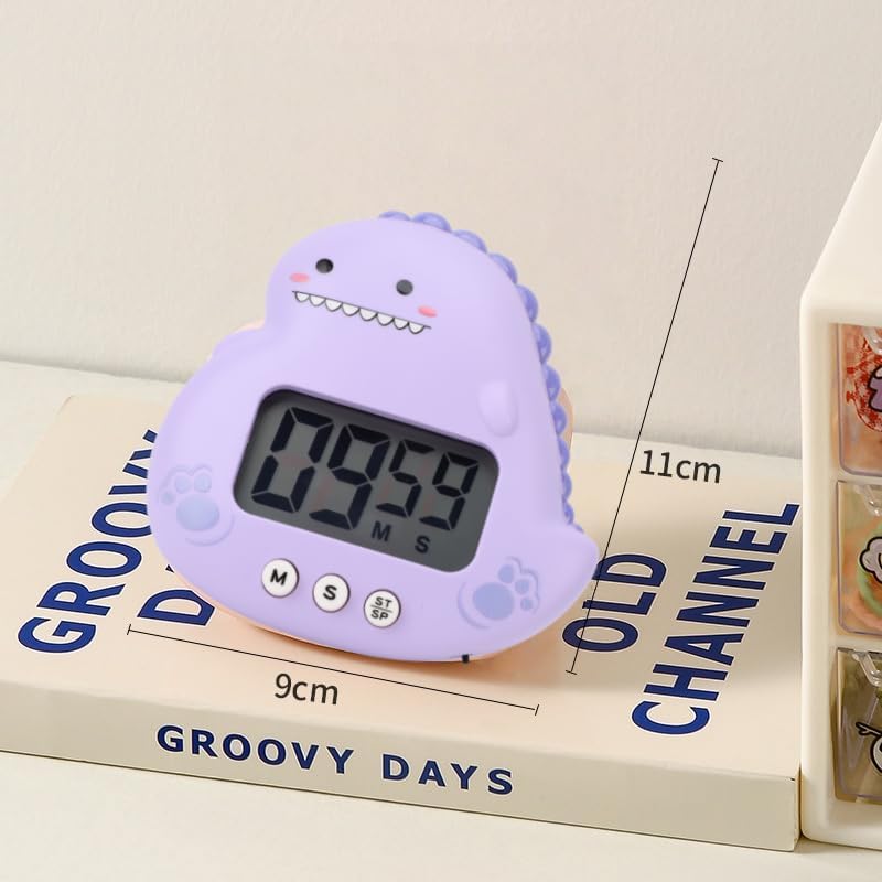 Digital Kitchen Timer with LCD Display, Cute Cartoon Dinosaur Design, Violet, Magnetic Back and Stand for Classroom, Home Study