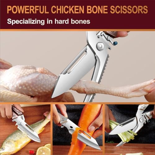 All Purpose Heavy Duty Kitchen Scissors for Food, Detachable Dishwasher Safe Poultry Shears with Spring-Loaded Chicken Bone Cutter (Brown)