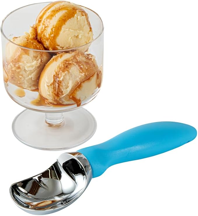 Restaurantware Comfy Grip 7.9 x 2 Inch Kitchen Ice Cream Scoop 1 Heavy-Duty Ice Cream Disher - Ergonomic PP Handle Dishwashable Blue Metal Ice Cream Spade With Lid Opener Notch Multi-Use