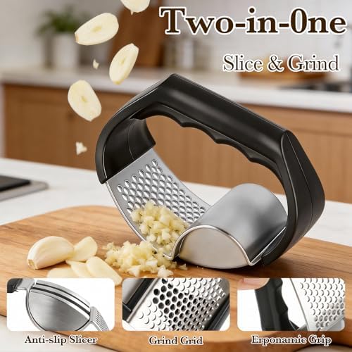Garlic Press Rocker Stainless Steel Garlic Rocker 2-in-1 Garlic Cutter Garlic Cradle Garlic Press Rocker Kitchen Aid, Small Garlic Grater for Effortless Chopping